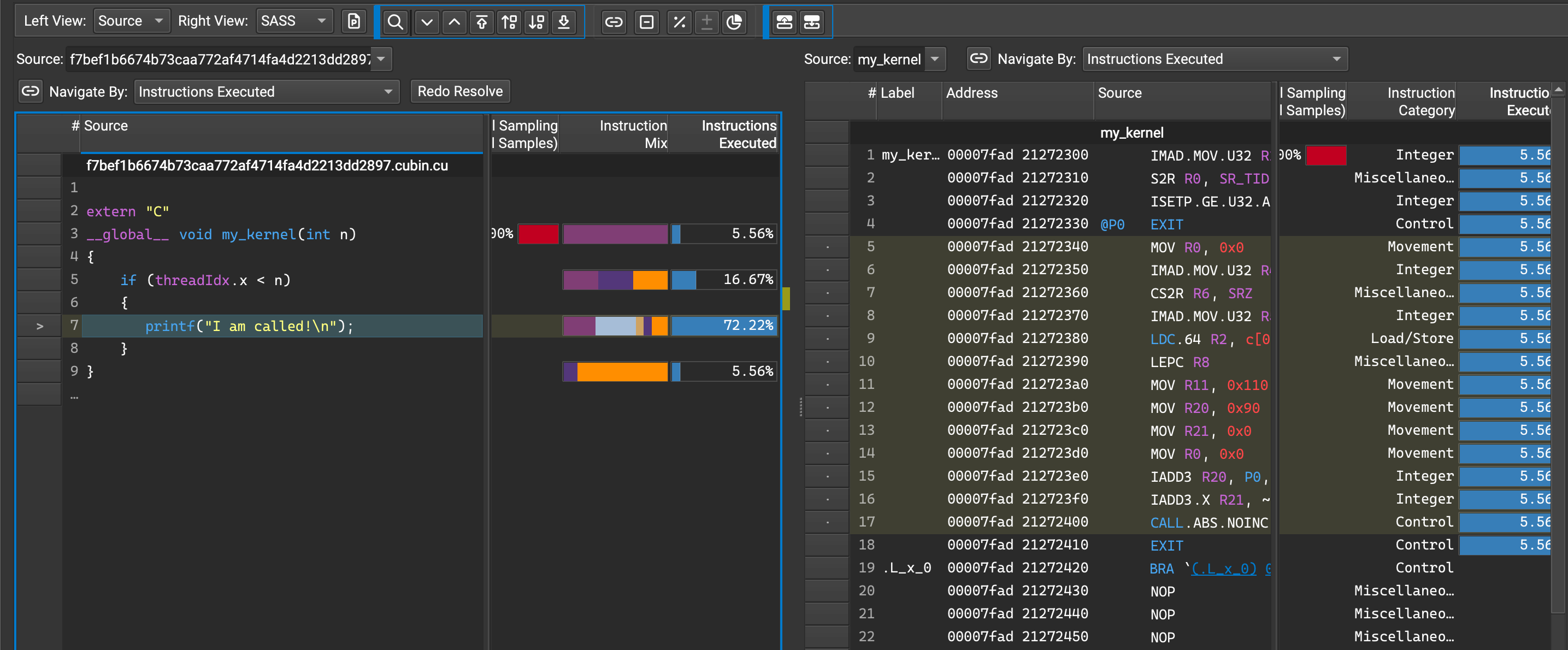 Nsight Compute showing source-level profiling with CuPy kernel